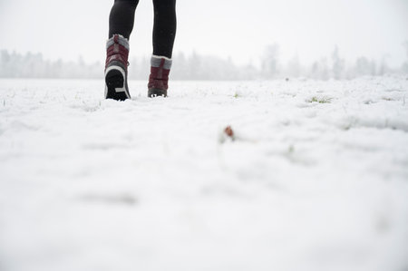 Low angle view of female legs and feet in snow boots walking in a snowy winter naturey winter nature.の写真素材