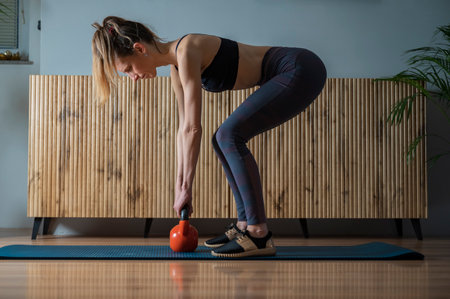 Side view of a woman working out at home making a deadlift exercise with a kettlebell weight on an...