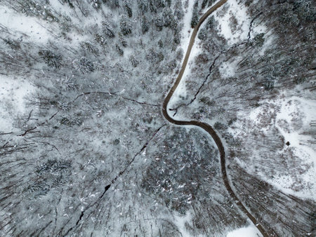Overhead view with a drone of a beautiful snow covered winter nature with forest and a road curving through.の写真素材