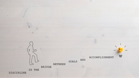 Saying Discipline is a bridge between goals and accomplishment written in a form of steps for a...