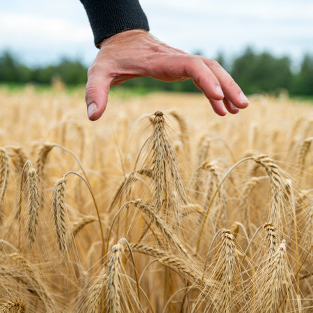 Closeup view of male hand of a farmer shielding golden ripening ears of wheat growing in summer field.の写真素材