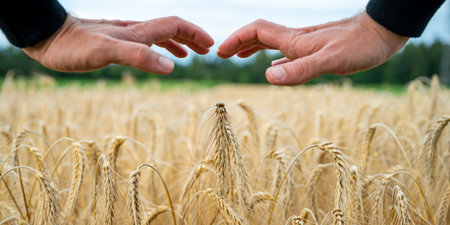 Low angle closeup view of male farmer hands making protective gesture over a golden ripening wheat field. Conceptual of wealth, abundance and prosperity.の写真素材