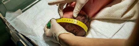 Closeup view of a nurse measuring the width of a newborn head as part of fisrt medical exam and evaluation of a baby. Wide view image.の写真素材