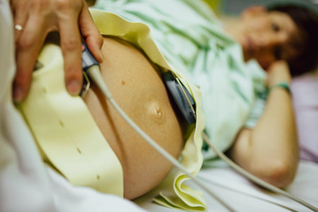 Pregnant woman lying in a hospital bed with baby heartbeat monitor on her belly before giving birth.の写真素材