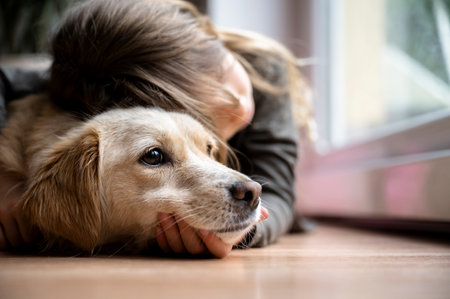 Beautiful sincere friendship between a dog and a child - toddle girl cuddling with her cute pet dog lying on the floor.の写真素材