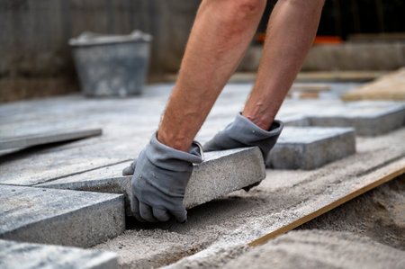 Low angle view of male hands wearing protective gloves placing a cement tile in line with the others while paving the domestic outdoor patio.の写真素材