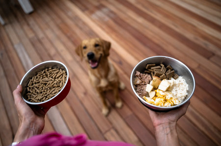 Over the shoulder view of an owner holding two bowls of dog food, one with only dry pellets and one with cooked grains and eggs. Her beautiful golden labrador retriever patiently waiting for her meal.の写真素材