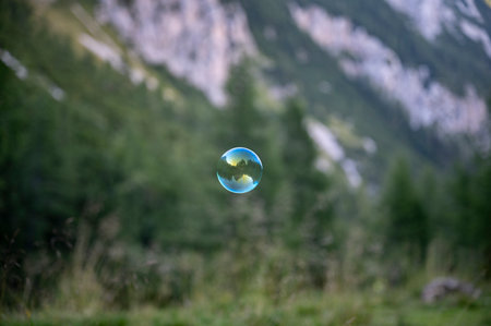 One single transparent soap bubble floating through the air in the middle of green nature.