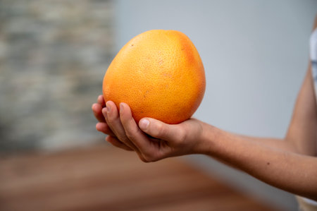 Child holding bright citrus fruit close-up, freshness and healthy eatingの写真素材