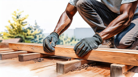 Close-up of a construction worker working on a wooden plank.の素材