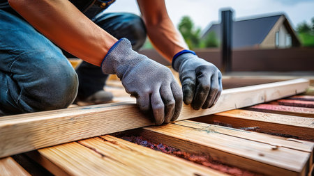Carpenter working on the roof of a house. Roofing construction.の素材
