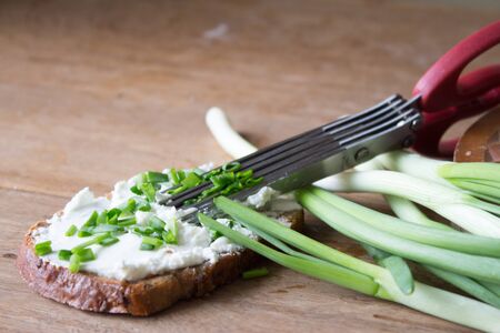 Special herb scissors with multiple blades.  Green onions cut into special scissors. wooden boardの写真素材