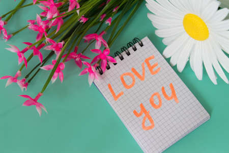 White chamomiles  and pink flowers made of artificial material. Neutral green background.の写真素材