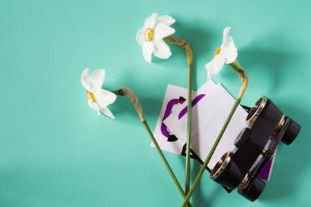 Black binoculars, narcissus flowers and theater tickets. Trip to the theater. Top view. Neutral backgroundの写真素材