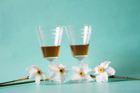 Two glasses of cognac or brandy and white daffodils on a neutral background, Romantic gift.の写真素材