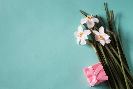 Bouquet of white daffodils. Romantic gifts in pink box. Spring Flowers. Narcissus on neutral background.の写真素材