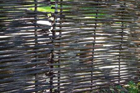 Old lath fence made of willow rods. Natural background.の写真素材