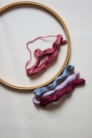 Hoop with sewing threads for embroidery. Top view. Beige background.の写真素材