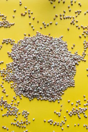 Pile of organic green buckwheat groats. Yellow background.Top view.の写真素材