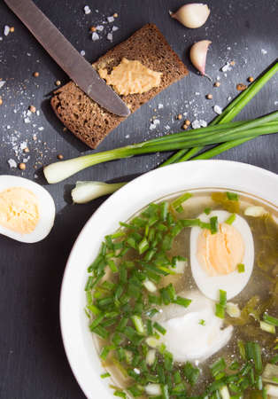 Homemade cold soup with green onion, sorrel, boiled egg on stone background.の写真素材