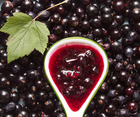 Black currant jam on a spoon over fresh black currant berriesの写真素材