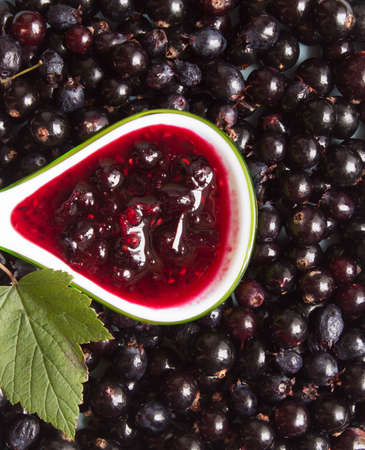 Black currant jam on a spoon above fresh black currant berriesの写真素材