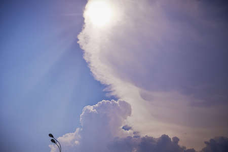 Bright blue sky with white clouds with lanternの写真素材