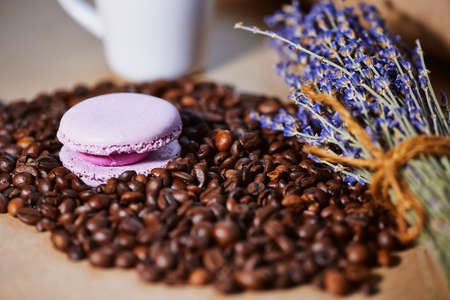 Macaroons with coffee beans and  the beam lavenderの写真素材