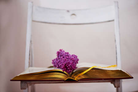 Comprehensive book, on the pages of purple lilacの写真素材