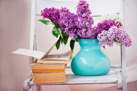 Comprehensive book, on the pages of purple lilacの写真素材