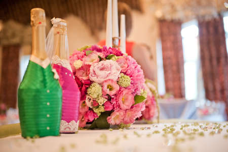 Wedding table decoration newlyweds in a pink - green palette. Wedding floristryの写真素材