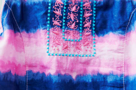 Texture cotton dress with embroidery, dyed pink and blue stripes