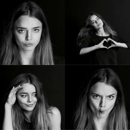 Collage. Emotional girl fooling around and enjoys life. Life to the fullest