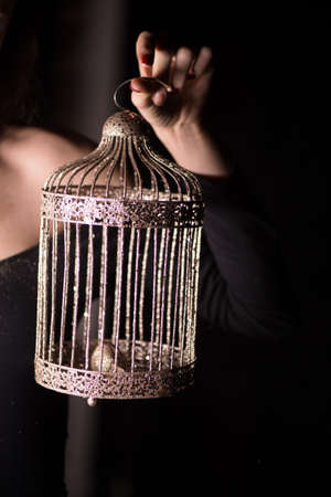 A Golden cage in feminine hand on dark background. A symbol of freedom and bondage in a rich marriage.の写真素材
