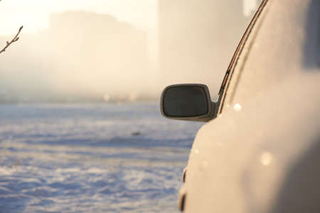 The machine is covered with frost and snow in the winter frosty day. Cold,の写真素材