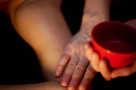 Oil massage of the shoulders, close. Mood, relaxation meditationの写真素材