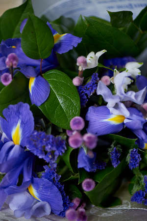 Bouquet of blue irises with Salal and painted willow.Closeの写真素材