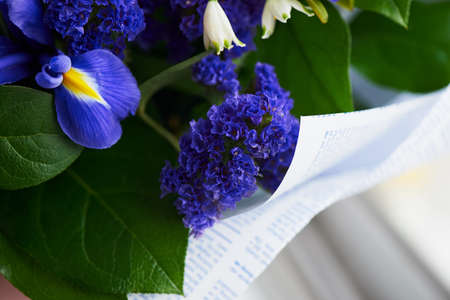 Bouquet of blue irises with Salal and painted willow.Closeの写真素材