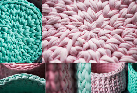 Baskets - turquoise and pink crochet around the circle of knitting yarn, made of cloth.Close