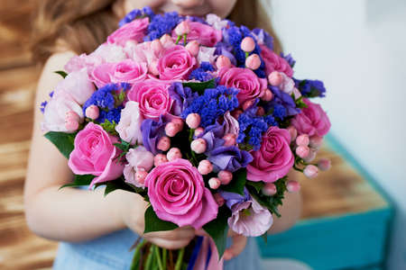 Wedding bouquet in pink and purple tones. Beautiful and delicate.の写真素材