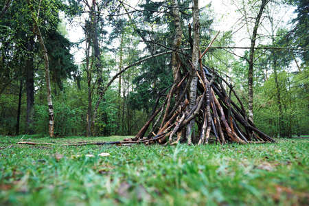 A hut of twigs in the forest. Nature,survival, the laws of lifeの写真素材