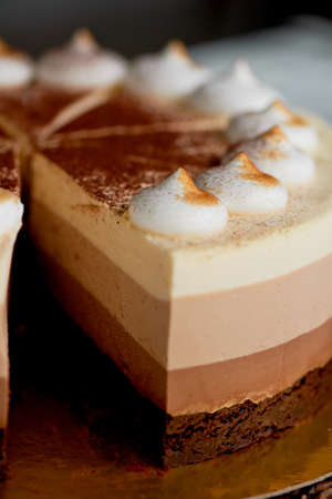 Four layer cake with shades of brown. Here cream to chocolate.の写真素材