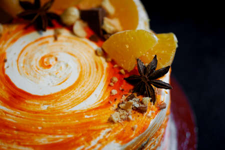 Carrot cake .Bright,juicy and unusual cake. Juicy and incredibly nutty A layer of caramel sponge cake successfully emphasizes.の写真素材