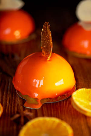 Orange mousse cake.Bright,juicy,citrus massovoe cake consists of orange-based mousse custard and butter biscuits.の写真素材