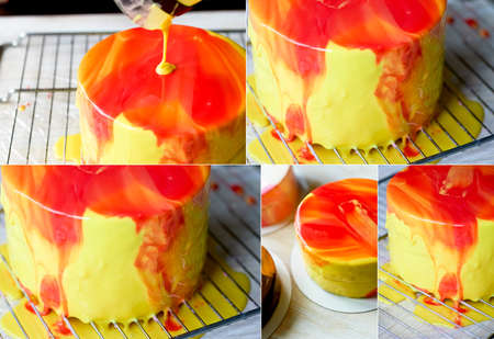 The process of casting the mirror glaze on a cake round session. Mousse. Yellowの写真素材