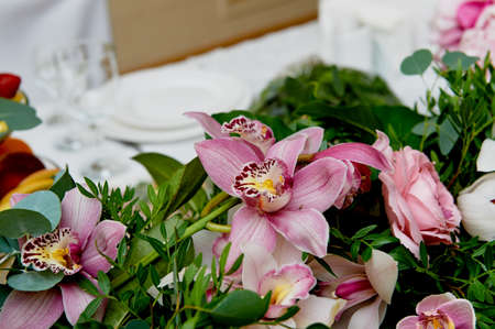 Wedding table decoration newlyweds. Songs on the table of flowers.The pink and white palette, rose, Orchidの写真素材