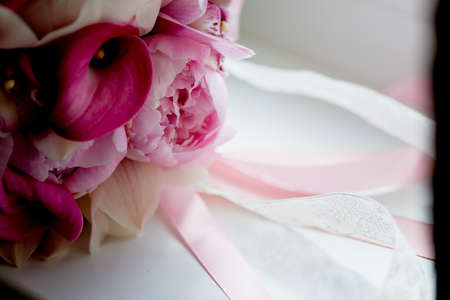 Wedding Bridal bouquet classic shapes in pink tones.Wedding floristryの写真素材