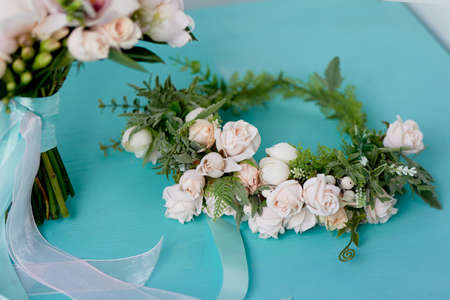 Wedding floristry. Wreath accessory for the bride. Handmadeの写真素材