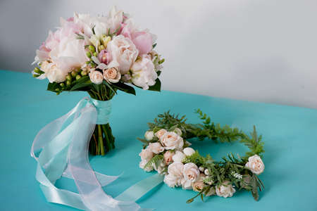 Wedding floristry. Wreath accessory for the bride. Handmadeの写真素材