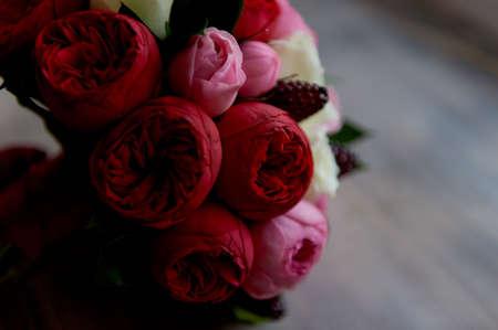 Wedding Bridal bouquet in red, pink, white. Wedding flowers, wedding items and accessoriesの写真素材